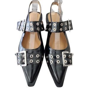 LIKE-NEW Black Feminine Buckle Ballerinas SlingBack Vegan Patent Leather Sandals